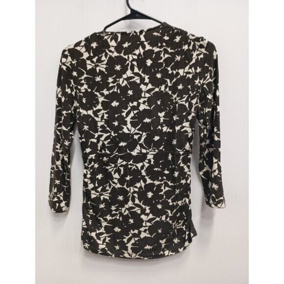 Nic+Zoe Womens Floral Top Small Brown Surplice Jersey Ruched 3/4 Sleeve Y2K - Picture 5 of 6